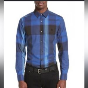 Burberry Men's Blue and Black Plaid Shirt